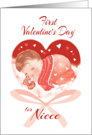 1st Valentine’s Day, Niece - Heart with Cute Baby Asleep inside card