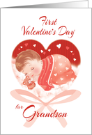 1st Valentine’s Day, Grandson - Heart with Cute Baby Asleep inside card