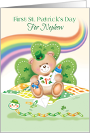 1st St. Patrick’s Day, Nephew -Teddy Sitting by Shamrock card