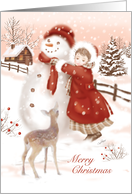Merry Christmas, Cute Deer watches Child make Snowman, Vintage card