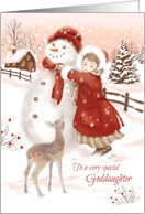 Christmas, Goddaughter, Cute Deer watches Child make Snowman, Vintage card