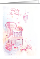 Happy Birthday, Delicate Scarf, Hat and Hat Box on Chair, card