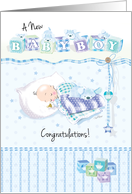Congratulations, New Baby, Boy, and Puppy, Asleep together on Pillows card