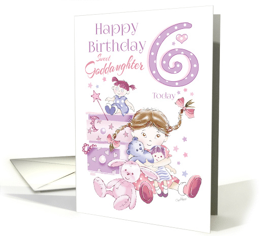 Goddaughter, Birthday, 6 Today, Girl, Hugs, Doll, Teddy and Bunny card