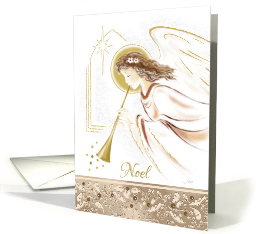 Christmas, Noel. Angel playing Bugle in Sepia & Gold effect card