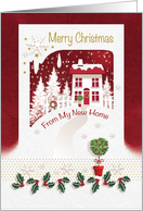 Merry Christmas, From My New Home, Red Roof House in Snow card