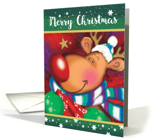 Merry Christmas. Cute Deer with Huge Red Nose holding a Gift card