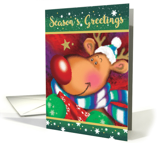 Season's Greetings. Cute Deer with Huge Red Nose holding a Gift card