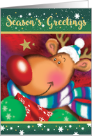 Season’s Greetings. Cute Deer with Huge Red Nose holding a Gift card