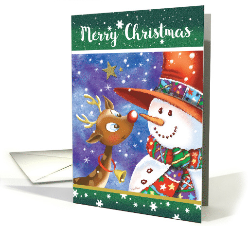 Merry Christmas, Cute, Big Eyed Deer, Smiles at Jolly Snowman card