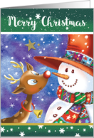 Merry Christmas, Cute, Big Eyed Deer, Smiles at Jolly Snowman card