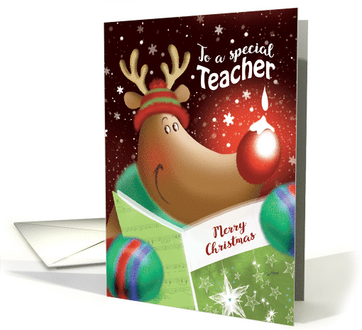 Merry Christmas, Teacher, Cute Deer with Snowdrop on Nose card
