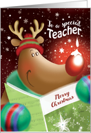 Merry Christmas, Teacher, Cute Deer with Snowdrop on Nose card