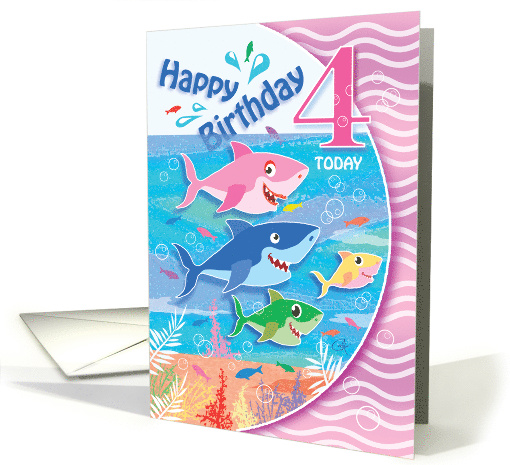 Cute Sharks, Under the sea, Birthday Girl, Age four card (1581462)
