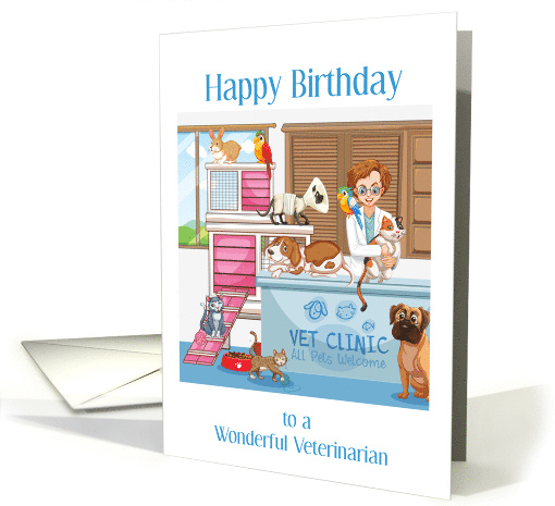 Happy Birthday For Veterinarian With Animals At Vet's Office card