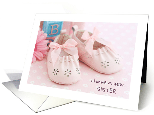 New Baby Sister Announcement Pink Flower Ribbon And Shoes card