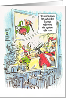 Santa and Mrs. Claus at the workshop, humorous elf situation card