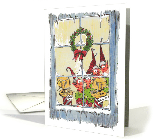 Fun elves double-checking nice & naughty lists before big day card