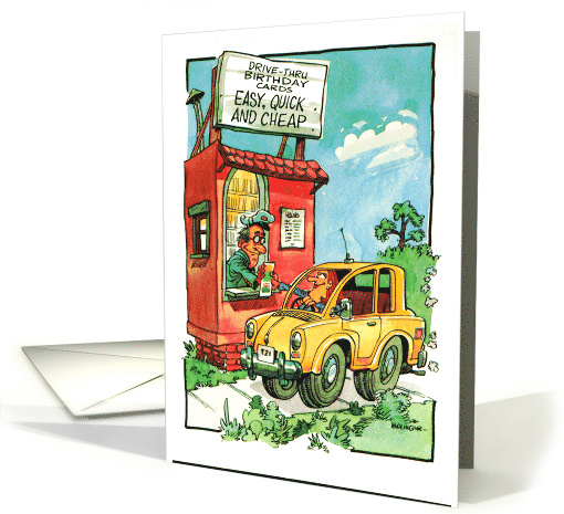 Cartoon woman in car purchasing birthday card at drive-thru stand card