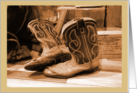 Sepia tone well worn little boy’s cowboy boots card