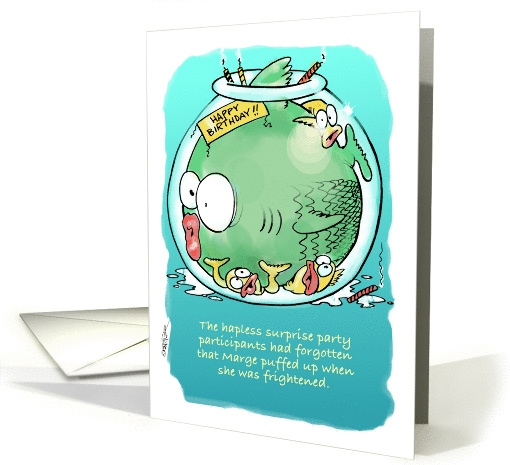 Amusing fishbowl happy birthday surprise party invite cartoon card