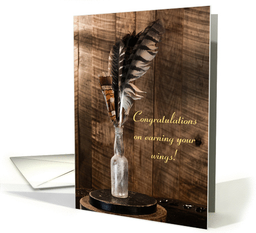 Feathers in a bottle still life - congrats on earning your wings card