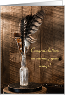 Feathers in a bottle still life - congrats on earning your wings card