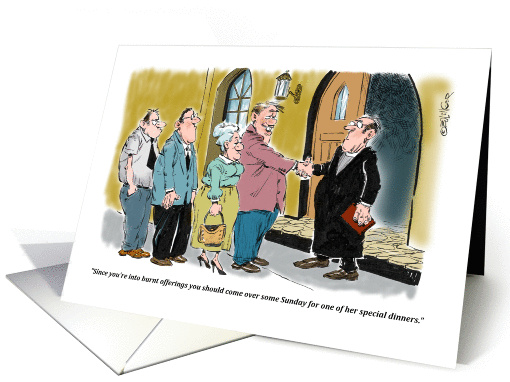 Funny invite to church potluck dinner cartoon card (1404644)