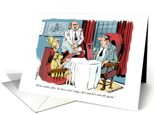 Amusing invite to a dinner date and free-range food cartoon card