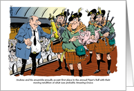 Humorous bagpipers and Tartan Day music cartoon card