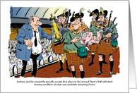 Funny happy birthday to a bagpipe lover cartoon card