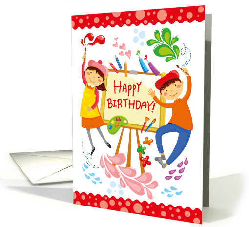 birthday card - artistic kids boy and girl drawing on artboard card