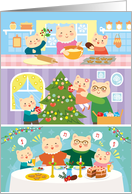 Christmas card  family of cartoon cats celebrating card