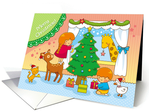 Christmas card  adorable kids and animals card (1459154)