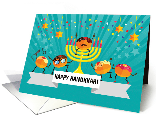 Happy Hanukkah Card with Cartoon Donuts Having a Dance Party card