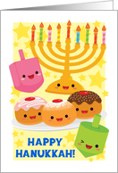 Happy Hanukkah Card with Smiling Menorah Donuts and Dreidels card