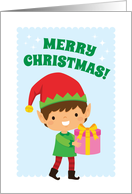 Merry Christmas Card with a Boy Elf Holding a Present card