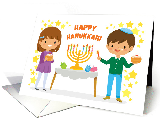 Happy Hanukkah Card with Kids Lighting the Menorah and... (1711788)