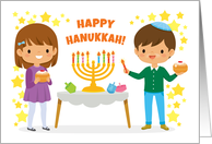 Happy Hanukkah Card with Kids Lighting the Menorah and Eating Doughnut card