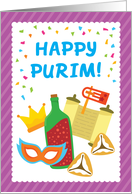 Happy Purim Card with Purim Symbols and Confetti card