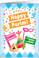 Happy Purim Card with Noise Makers and Holiday Symbols card