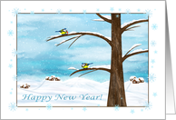 Happy New Year Cute Titmouse and Village card