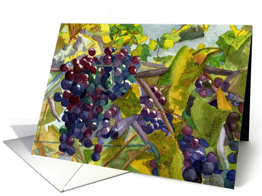Vineyard grapevines close-up watercolor painting blank note card