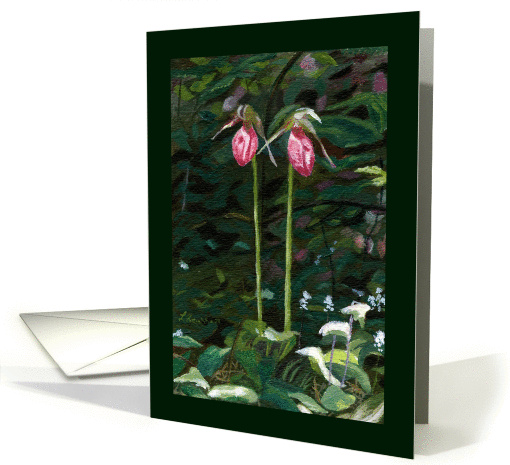Pink Lady Slipper Flowers in the Woods all occasion blank note card