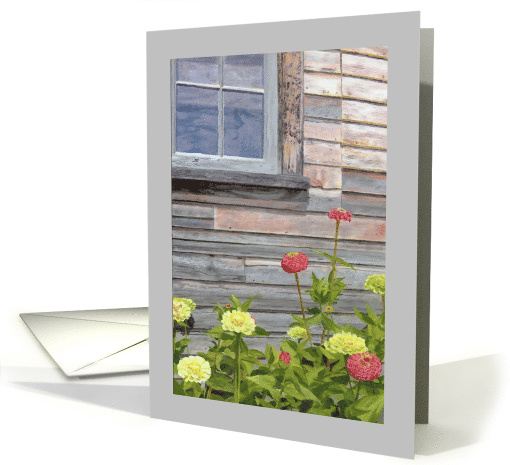 Weathered Barn with Zinnias Flowers Birthday card (1464670)