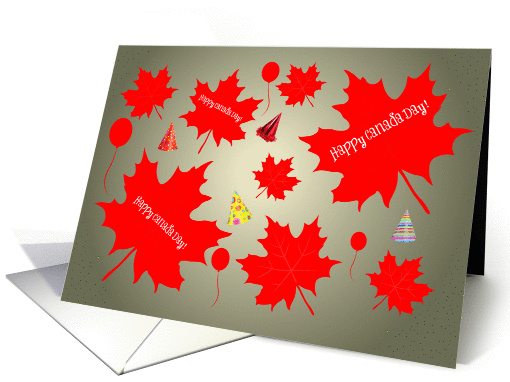 Happy Canada Day -- Red Maple Leaves -- Party Hats -- Balloons card