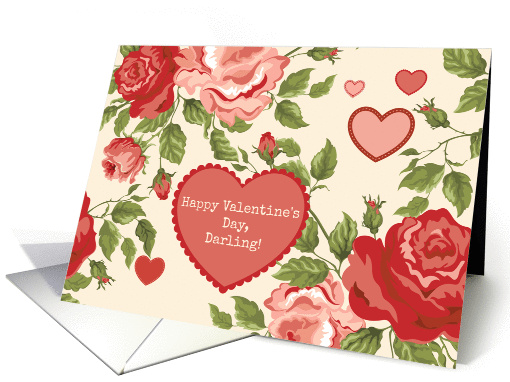 Happy Valentine's Day Darling - Red Pink Hearts Flowers on Cream card