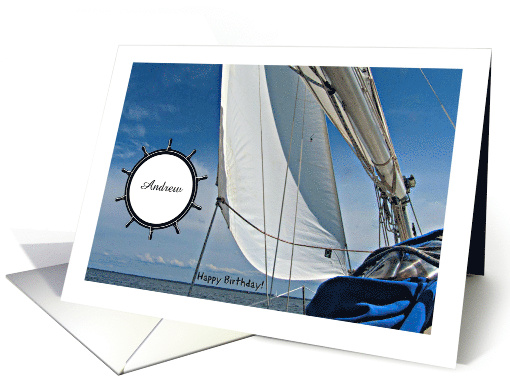 Happy Birthday-Andrew-Customizable-Sailboat-Blue-White-Pun-Photo card