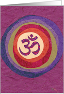 Om in Sanskrit and Radiating Colors Against Purple card