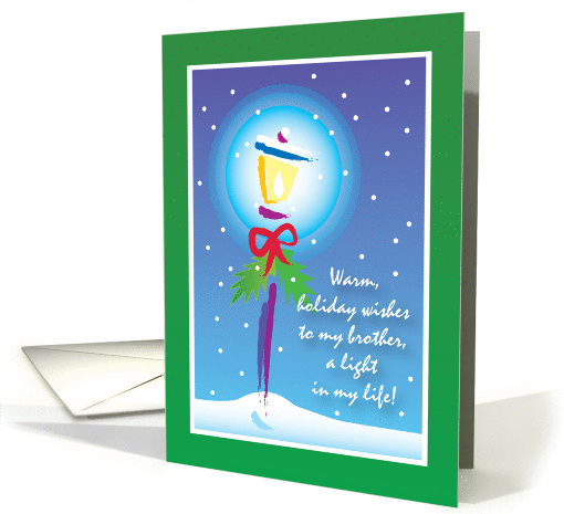 Holiday card for brother, street light, red ribbon & snow card